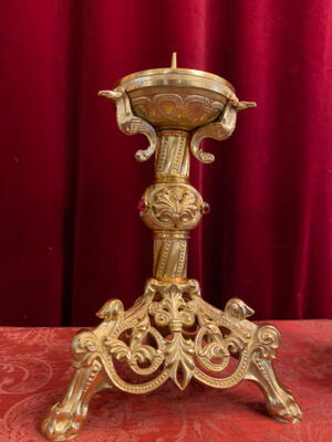 Matching Candle Sticks Measures Without Pin  style Romanesque - Style en Bronze / Gilt Polished and Varnished / Stones, France 19 th century ( Anno 1890 )