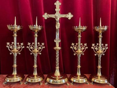 Candle Sticks With Matching Cross Altar Set  Measures: Cross style Gothic - style en Bronze / Polished and Varnished, Belgium 19 th century ( Anno 1890 )