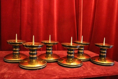 Matching Candle-Holders style ART - DECO en Brass / Bronze / Ebony wood, Belgium 20th century (Anno 1930)