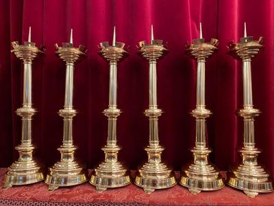 Matching Candle Sticks Altar - Set. Height Without Pin. en Brass /  Polished and Varnished, Belgium  19 th century