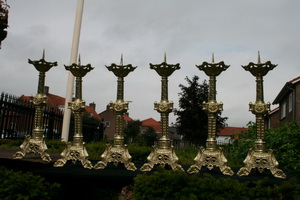 Altar - Set Matching Candle Sticks  style Romanesque en Brass / Bronze / Gilt, France 19th century