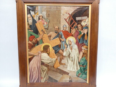 Seven Sorrows Of Mary style Gothic - Style en Hand -Painted Oil on Linen, Belgium  19 th century