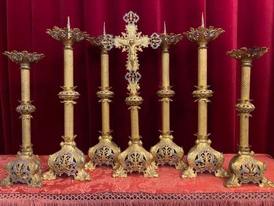 Altar - Set Candle Sticks With Matching Cross. Height Cross: 64 Cm  H X 24 Cm W. X 16 D. Measures Candle Sticks H 55 Cm Without Pin style Romanesque - Style en Brass / Bronze / Gilt, France 19 th century ( Anno 1865 )