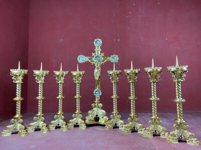 Stunning And Very High Quality Altar Set  style Gothic - style en Brass / Bronze / Polished and Varnished / Silver Plated Applications, Belgium  19 th century ( Anno 1865 )