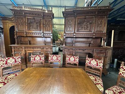 Table Adjustable With Chairs style Gothic - Style en Oak wood / Fabrics, France 19 th century