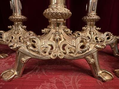 Altar - Set Measures Candle Sticks Without Pin style Romanesque - Style en Bronze / Polished and Varnished, France 19 th century ( Anno 1865 )