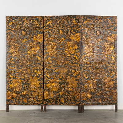 A Three-Piece Room Divider, Cordoba Leather, Saint Sebastian In A Landscape, Oil On Leather style Classicistic en Hand Painted oil on Leather, Spain  19 th century