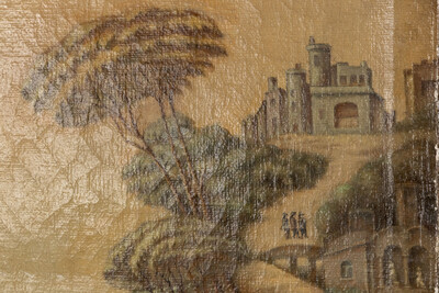 A Three-Piece Room Divider, Cordoba Leather, Saint Sebastian In A Landscape, Oil On Leather style Classicistic en Hand Painted oil on Leather, Spain  19 th century