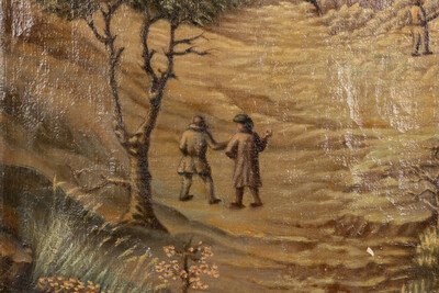 A Three-Piece Room Divider, Cordoba Leather, Saint Sebastian In A Landscape, Oil On Leather style Classicistic en Hand Painted oil on Leather, Spain  19 th century