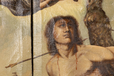 A Three-Piece Room Divider, Cordoba Leather, Saint Sebastian In A Landscape, Oil On Leather style Classicistic en Hand Painted oil on Leather, Spain  19 th century