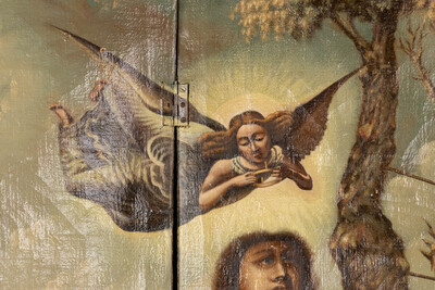 A Three-Piece Room Divider, Cordoba Leather, Saint Sebastian In A Landscape, Oil On Leather style Classicistic en Hand Painted oil on Leather, Spain  19 th century