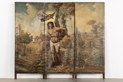 A Three-Piece Room Divider, Cordoba Leather, Saint Sebastian In A Landscape, Oil On Leather style Classicistic en Hand Painted oil on Leather, Spain  19 th century