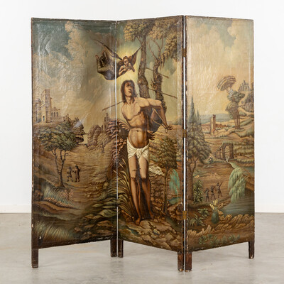 A Three-Piece Room Divider, Cordoba Leather, Saint Sebastian In A Landscape, Oil On Leather style Classicistic en Hand Painted oil on Leather, Spain  19 th century