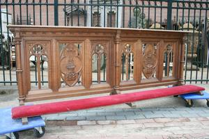 COMMUNION-KNEELER , FULL OAK , HAND-CARVED , 225 CM X H. 80 X D. 50 CM / 88” X H. 31” X D. 20” , BELGIUM, ANNO 1870.