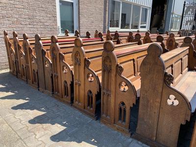 18 Pews With 6 Front Parts 10 Pews 335 Cm Sold ! style Gothic - Style en Oak Wood, Dutch 20th century