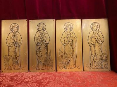 Series Of 4 Evangelists Engraved Brass style Gothic - style en Brass Gilt, Belgium 19th century ( anno 1875 )