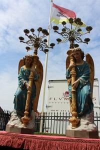 Angels. Height Angels Without Chandeliers: 100 Cm. en Terra-Cotta polychrome, France 19th century