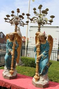 Angels. Height Angels Without Chandeliers: 100 Cm. en Terra-Cotta polychrome, France 19th century