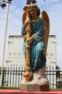 Angels. Height Angels Without Chandeliers: 100 Cm. en Terra-Cotta polychrome, France 19th century