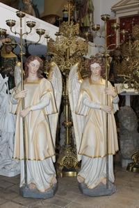 Angels. Total Height : 180 Cm. With Chandeliers. en Terra-Cotta polychrome, France 19th century