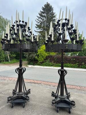 Large Candle Holders By : Brom ! style art - deco en Bronze / Partly Hand - Hammered, Netherlands  20 th century ( Anno 1930 )