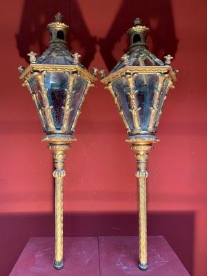 Exceptional Pair Of Large Baroque Venetian Lanterns  style Baroque en wood polychrome / Glass, Italy 18 th century