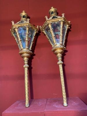 Exceptional Pair Of Large Baroque Venetian Lanterns  style Baroque en wood polychrome / Glass, Italy 18 th century