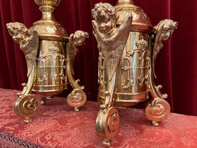 Exceptional Candle Sticks All Sides Are The Same Full Bronze Angels ! style Baroque - Style en Brass / Bronze / Polished and Varnished, Belgium  19 th century ( Anno 1855 )