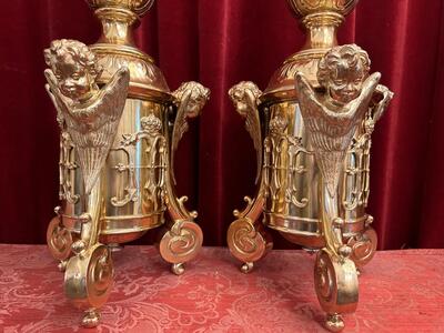 Exceptional Candle Sticks All Sides Are The Same Full Bronze Angels ! style Baroque - Style en Brass / Bronze / Polished and Varnished, Belgium  19 th century ( Anno 1855 )