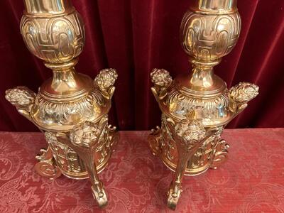 Exceptional Candle Sticks All Sides Are The Same Full Bronze Angels ! style Baroque - Style en Brass / Bronze / Polished and Varnished, Belgium  19 th century ( Anno 1855 )