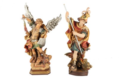 St. Michael And St George  style Baroque - Style en Wood Polychrome , Southern Germany 20th Century