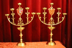 Candle Sticks en Brass / Polished / New Varnished, Belgium 19th century