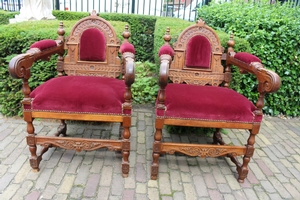 Chairs. Completely & Professionally Refit According To The Traditional Methods And With Original Materials. en wood oak / Red Velvet., Belgium 19th century