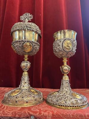 Exceptional Chalice & Ciborium By : Silversmith Adolf Tutsch. en  Silver / Filigree / Silver Marks Present / Stones, Austria 19 th century