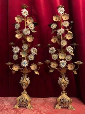 Flower Candle Holders en Brass / Bronze / Gilt / Stones / Enamel, France 19th century