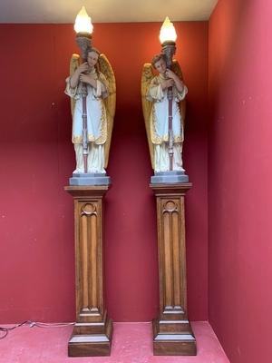 Angels With Standing Pedestals Height Angels 122 Cm. Height Pedestals 120 Cm. Also For Sale Seperate. style Gothic - style en Plaster Polychrome / Oak Wood, Belgium / France 19th century