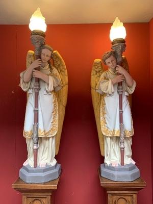 Angels With Standing Pedestals Height Angels 122 Cm. Height Pedestals 120 Cm. Also For Sale Seperate. style Gothic - style en Plaster Polychrome / Oak Wood, Belgium / France 19th century