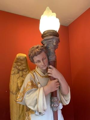 Angels With Standing Pedestals Height Angels 122 Cm. Height Pedestals 120 Cm. Also For Sale Seperate. style Gothic - style en Plaster Polychrome / Oak Wood, Belgium / France 19th century