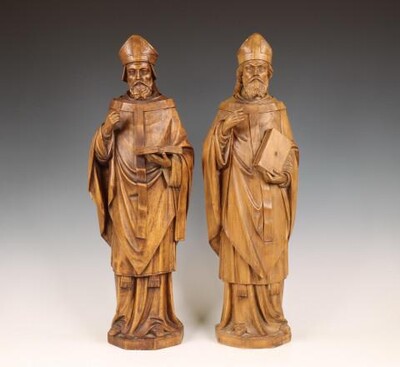 Bishop Statues style Gothic - Style en Hand - Carved Wood , Netherlands  19 th century