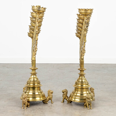 Candle Holders  style Gothic - style en Brass / Bronze, Belgium  19 th century