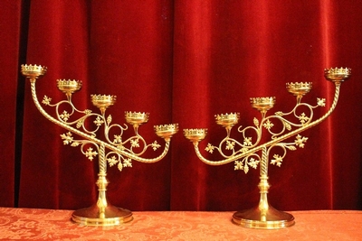 Candle Holders style Gothic - style en Brass / Polished / New Varnished, Belgium 19th century