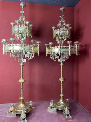 Candle Holders By Bourdon style Gothic - style en Brass / Bronze / Polished and Varnished, Belgium  19 th century ( Anno 1890 )