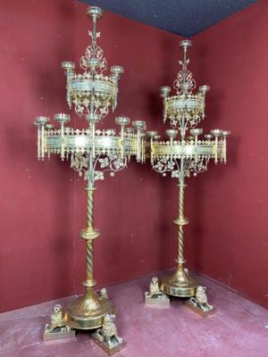 Candle Holders By Bourdon style Gothic - style en Brass / Bronze / Polished and Varnished, Belgium  19 th century ( Anno 1890 )