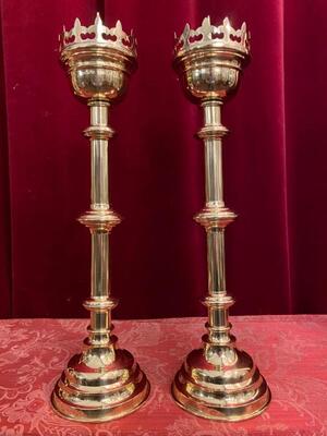 Candle Holders Measures Without Pin style Gothic - Style en Brass / Polished and Varnished, Belgium  19 th century