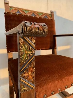 Chairs style Gothic - style en Oak wood / Red Velvet, Belgium 19th century