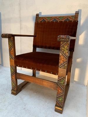 Chairs style Gothic - style en Oak wood / Red Velvet, Belgium 19th century