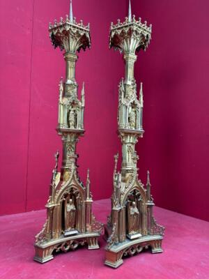 Exceptional Candle Holders Height 103 Cm. Measures Without Pin. style Gothic - Style en Bronze / Gilt, Belgium  19 th century ( Anno 1865 )