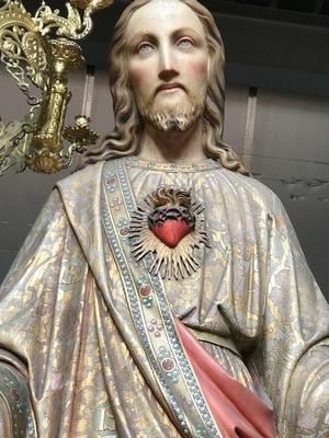 Exceptional Life - Size Pair Of Fully Hand - Carved Matching Statues : Sacred Hearts Of St. Mary & Jesus style Gothic - style en wood - polychrome, Flemish Belgium 19th century ( anno 1865 )