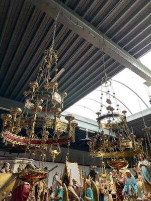 Exceptional Sanctuary Lamps style Gothic - Style en Brass / Bronze / Stones, Belgium  19 th century ( Anno 1885 )