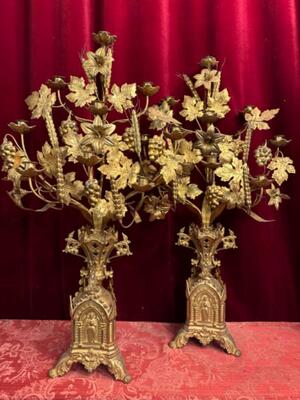 Floral Candle - Holders style Gothic - Style en Brass / Bronze / Gilt, Belgium  19 th century ( Anno 1865 )